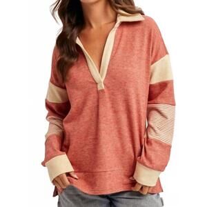 NEW HEM & THREAD brushed jersey stripe mix color block pullover in vintage red